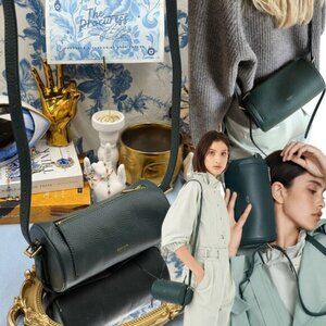 🆕 OROTON 🧿 NWOT Margot Mini Cylindrical Leather Drum Bag, Deep Green
